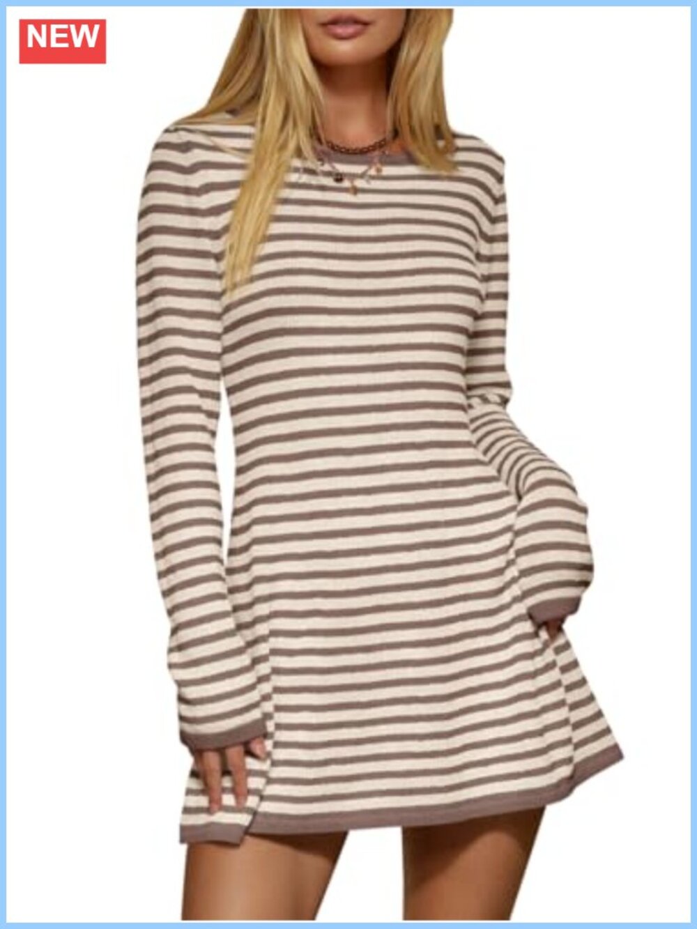 Saodimallsu Striped Ribbed Knit Mini Sweater Dress Long Sleeve Crewneck